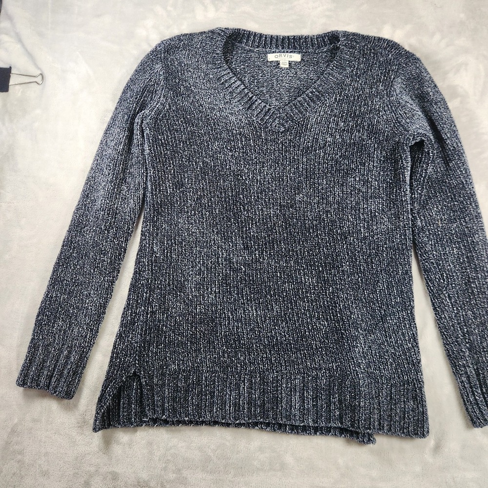 ORVIS Women's S Blue Chenille V-Neck Sweater Cabincore Plush Soft Pullover Top S